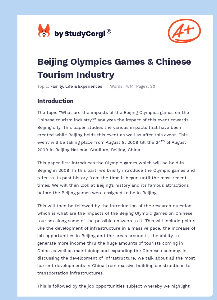 Beijing Olympics Games & Chinese Tourism Industry. Page 1