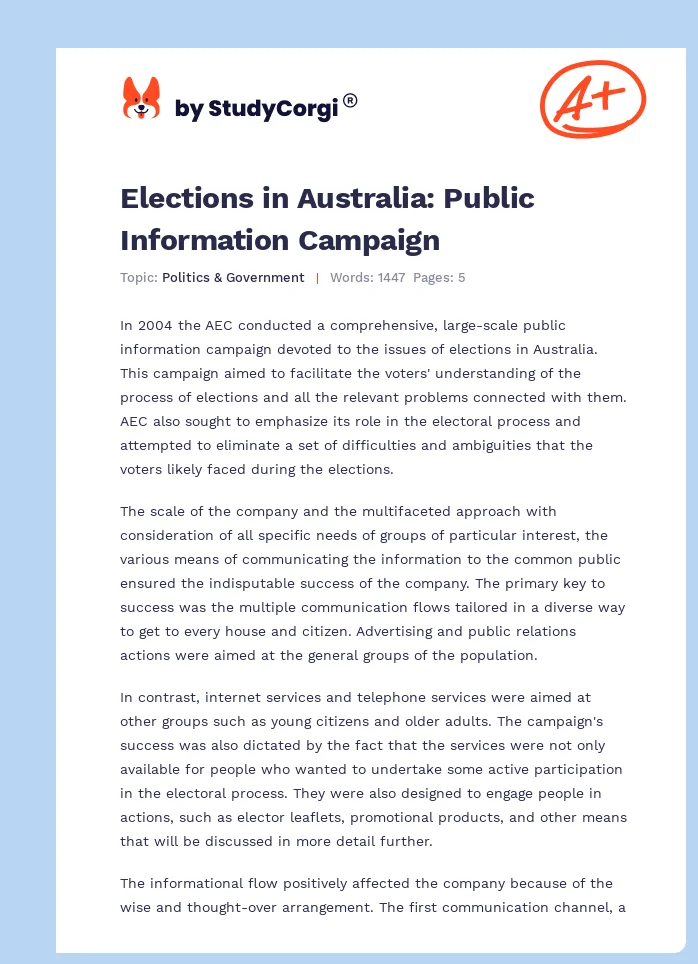 Elections in Australia: Public Information Campaign. Page 1