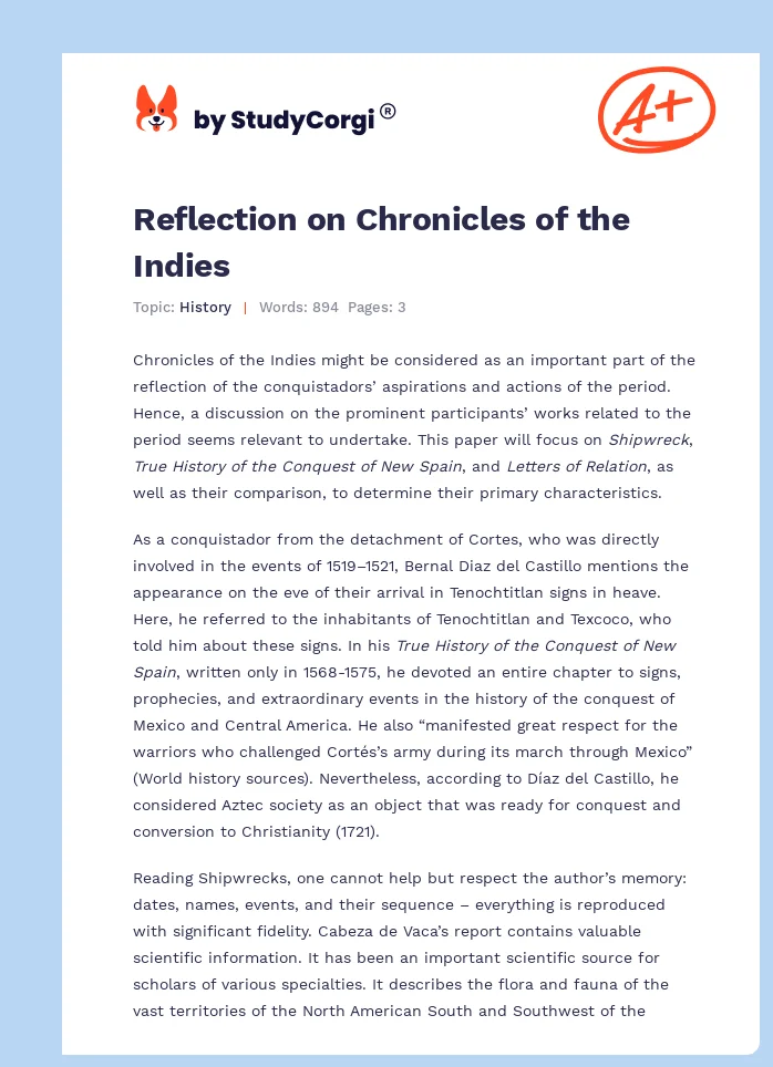 Reflection on Chronicles of the Indies. Page 1