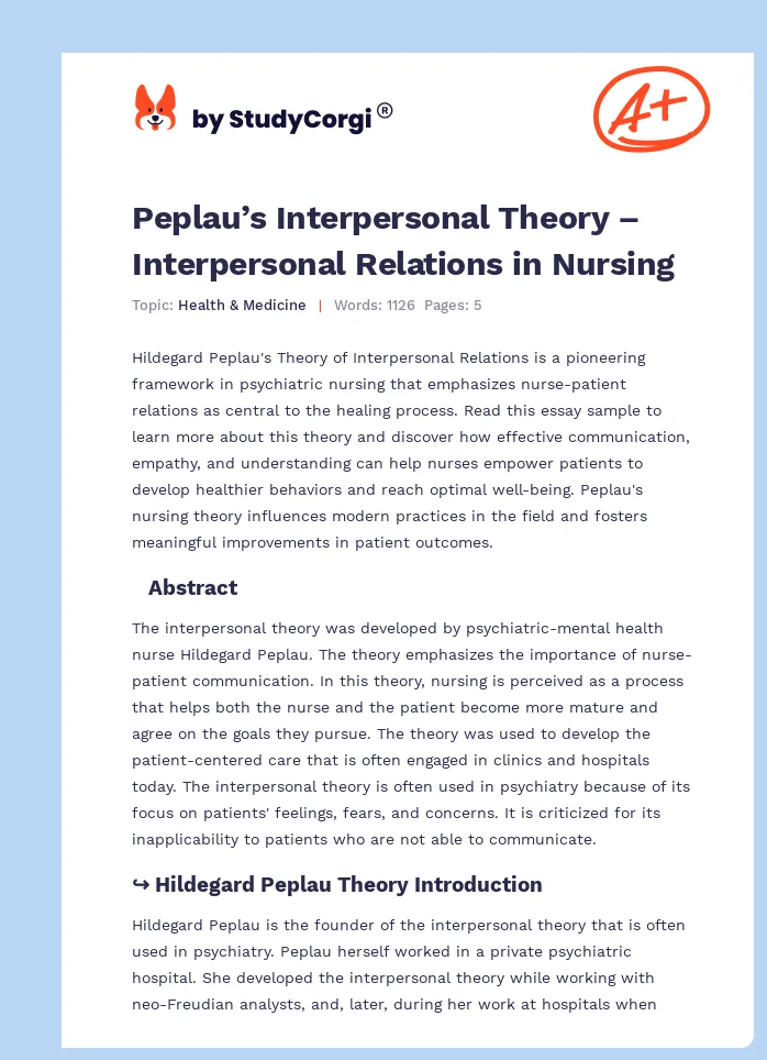 Peplau’s Interpersonal Theory – Interpersonal Relations in Nursing. Page 1