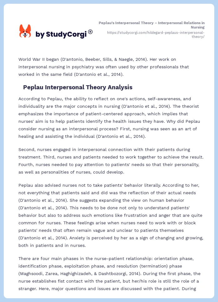 Peplau’s Interpersonal Theory – Interpersonal Relations in Nursing. Page 2