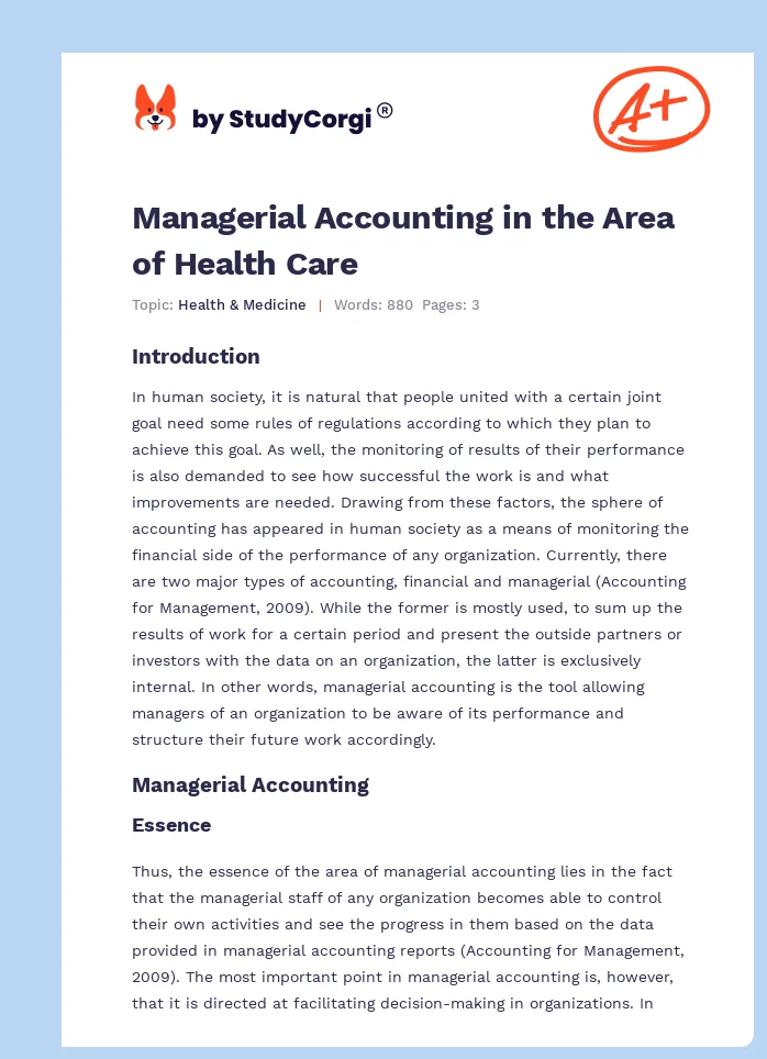Managerial Accounting in the Area of Health Care. Page 1