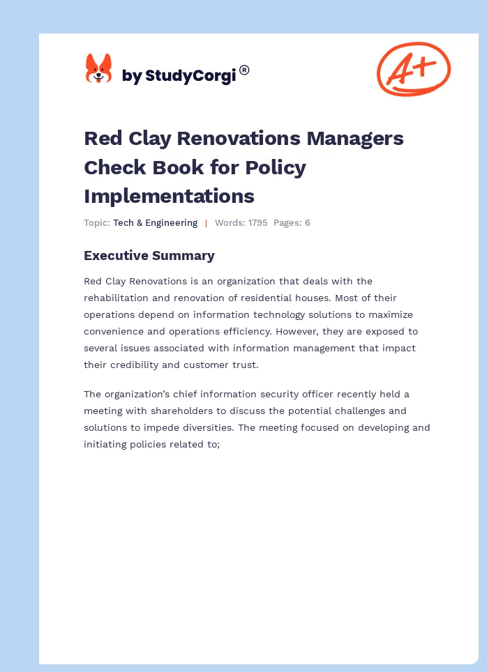 Red Clay Renovations Managers Check Book for Policy Implementations. Page 1