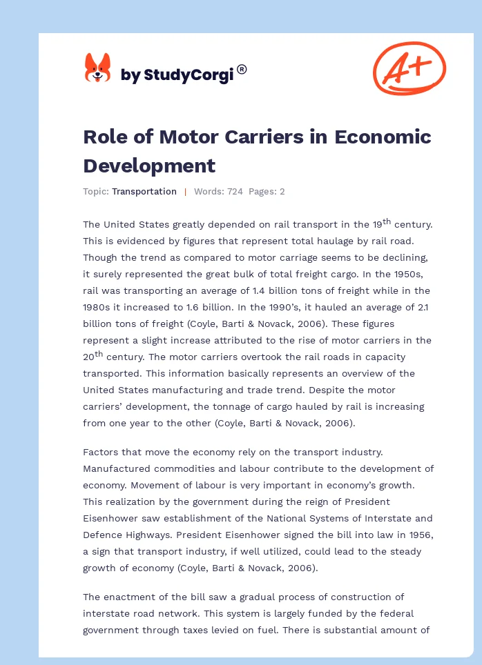 Role of Motor Carriers in Economic Development. Page 1