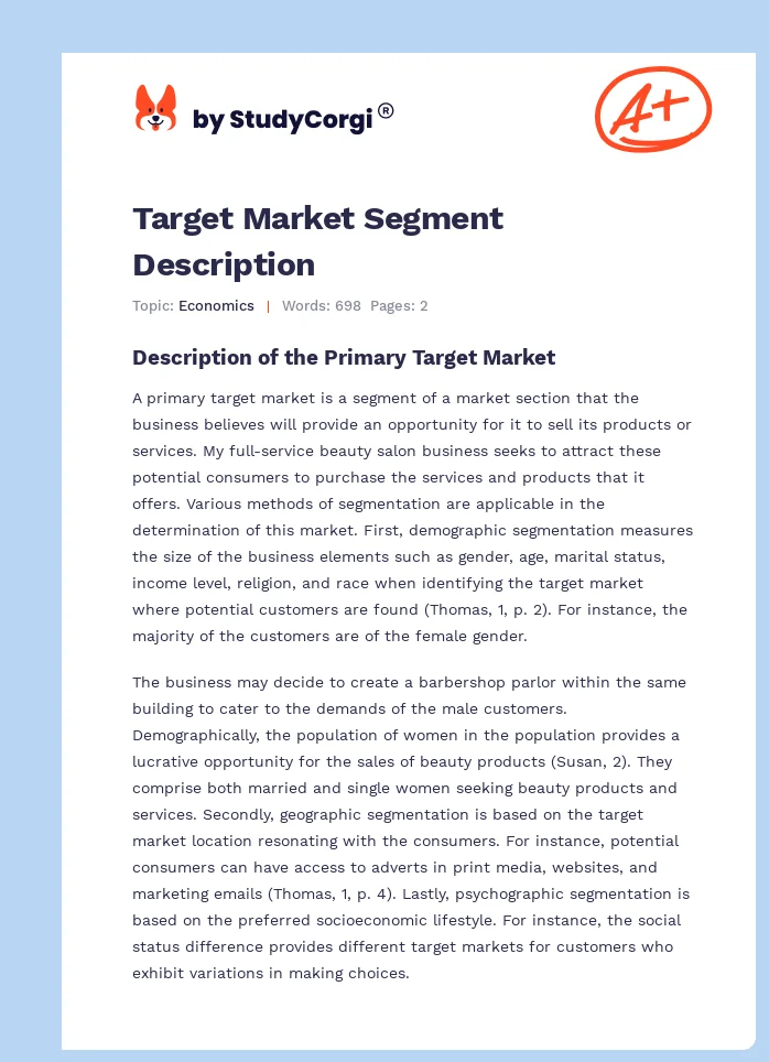 Target Market Segment Description. Page 1