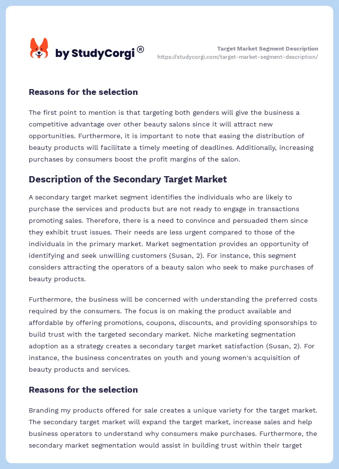 Target Market Segment Description. Page 2