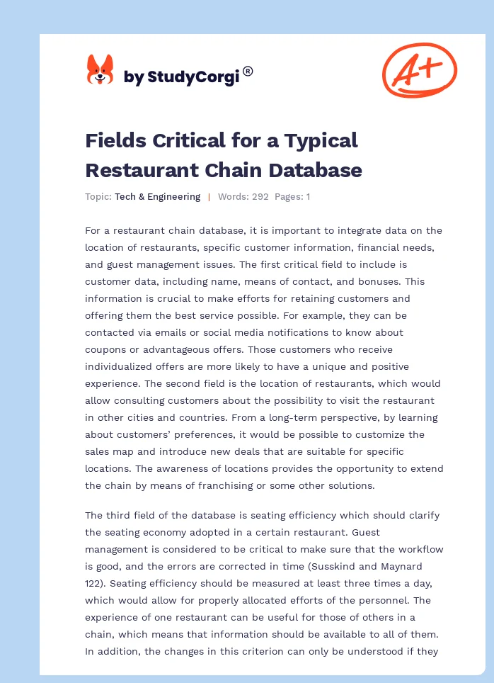 Fields Critical for a Typical Restaurant Chain Database. Page 1
