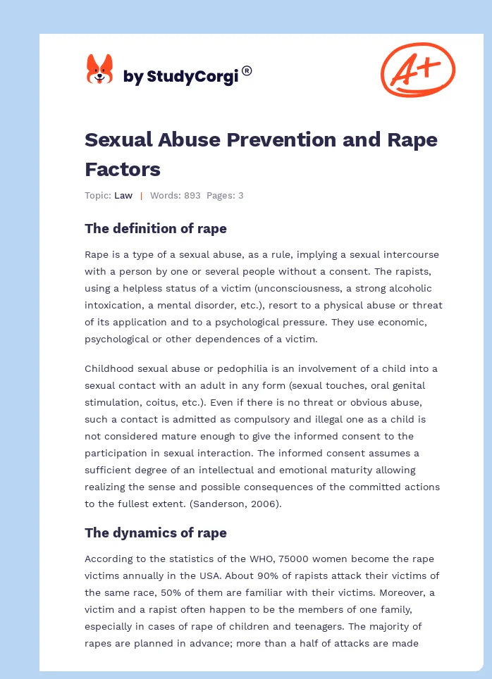 Sexual Abuse Prevention and Rape Factors. Page 1