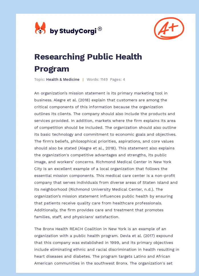 Researching Public Health Program. Page 1