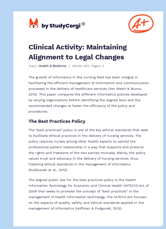 Clinical Activity: Maintaining Alignment to Legal Changes. Page 1