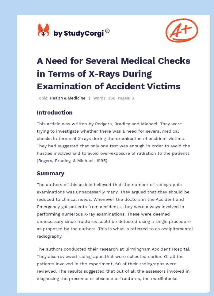 A Need for Several Medical Checks in Terms of X-Rays During Examination of Accident Victims. Page 1