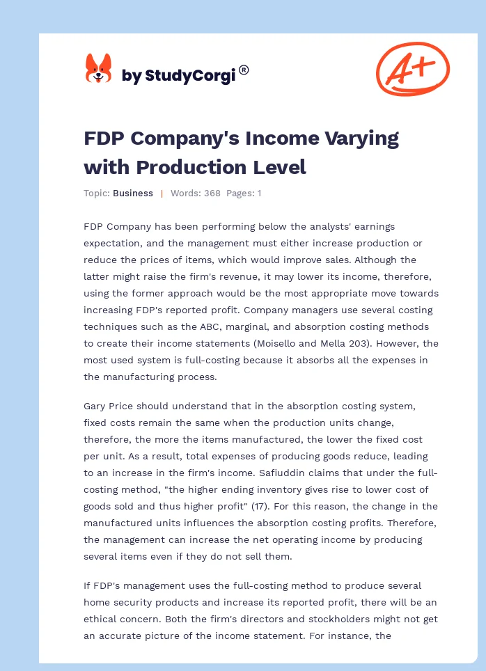 FDP Company's Income Varying with Production Level. Page 1