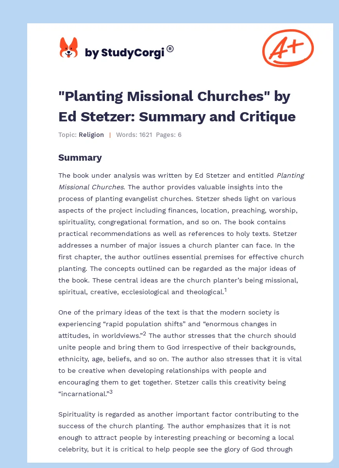 "Planting Missional Churches" by Ed Stetzer: Summary and Critique. Page 1