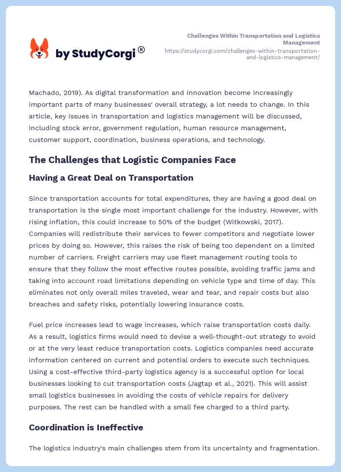 Challenges Within Transportation and Logistics Management. Page 2