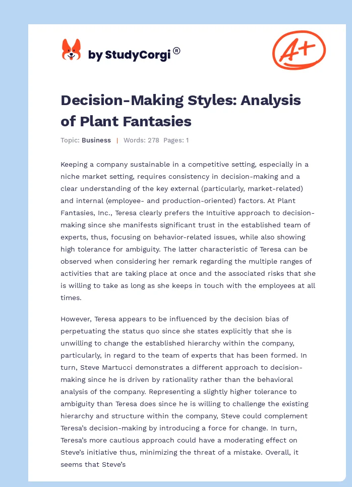 Decision-Making Styles: Analysis of Plant Fantasies. Page 1