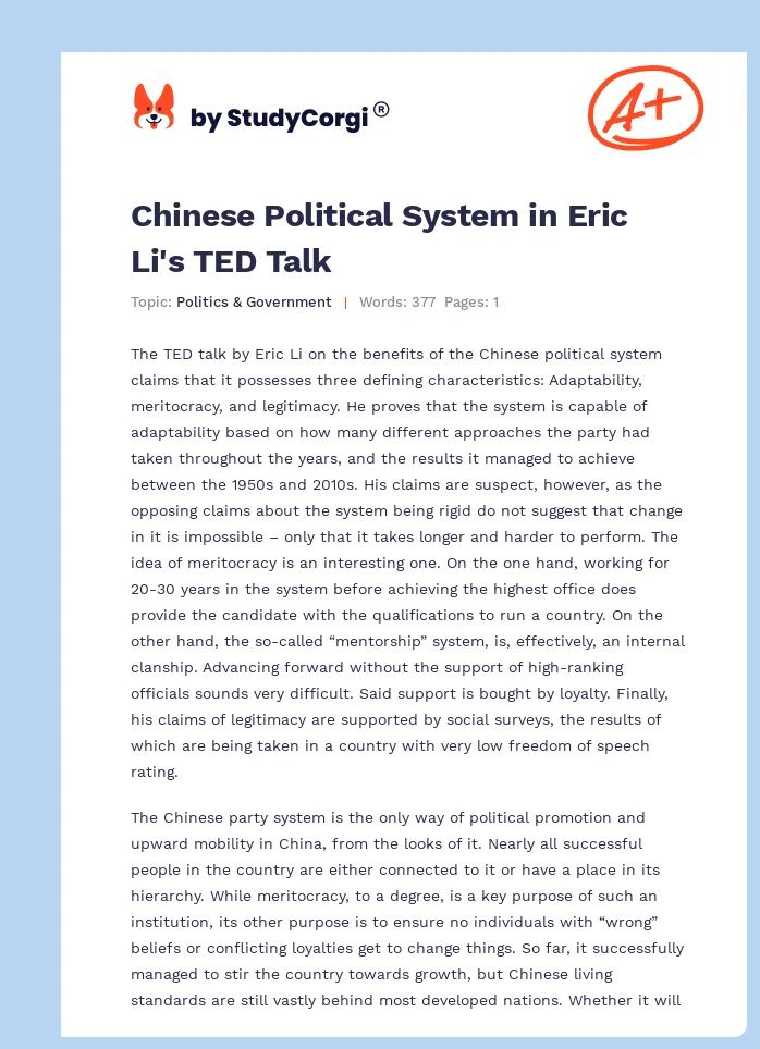 Chinese Political System in Eric Li's TED Talk. Page 1