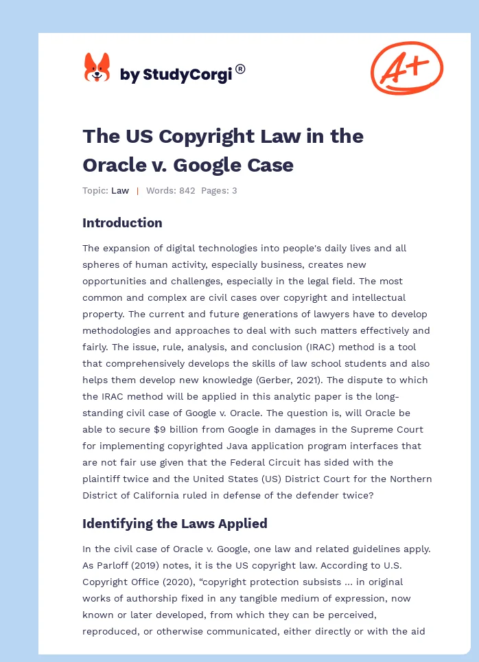 The US Copyright Law in the Oracle v. Google Case. Page 1