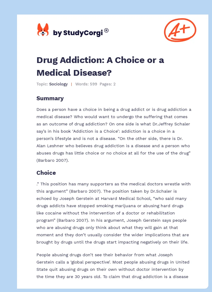 Drug Addiction: A Choice or a Medical Disease?. Page 1