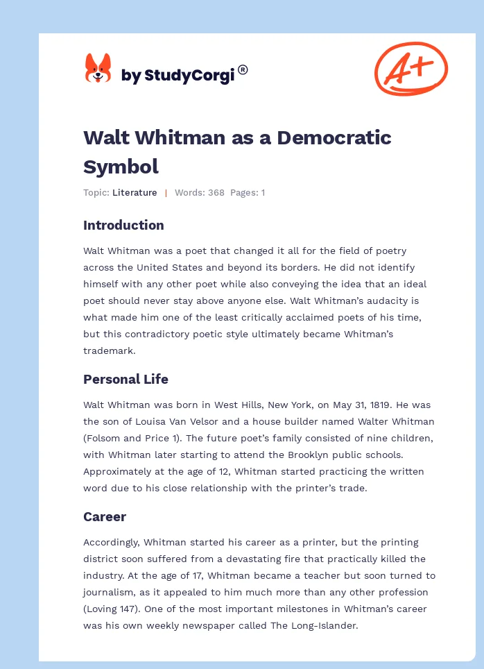 Walt Whitman as a Democratic Symbol. Page 1