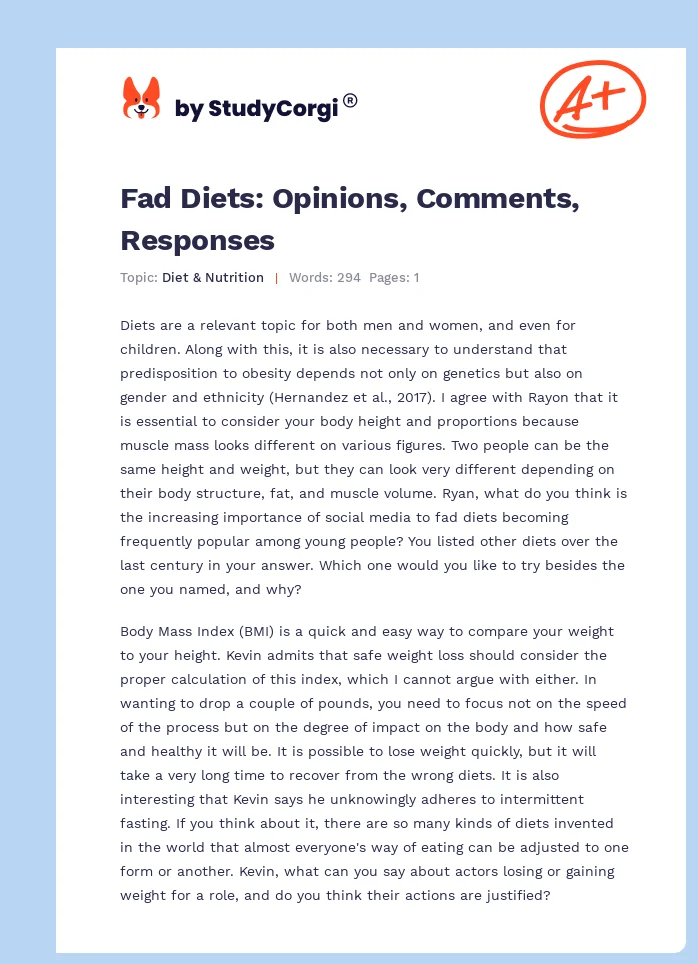 Fad Diets: Opinions, Comments, Responses. Page 1
