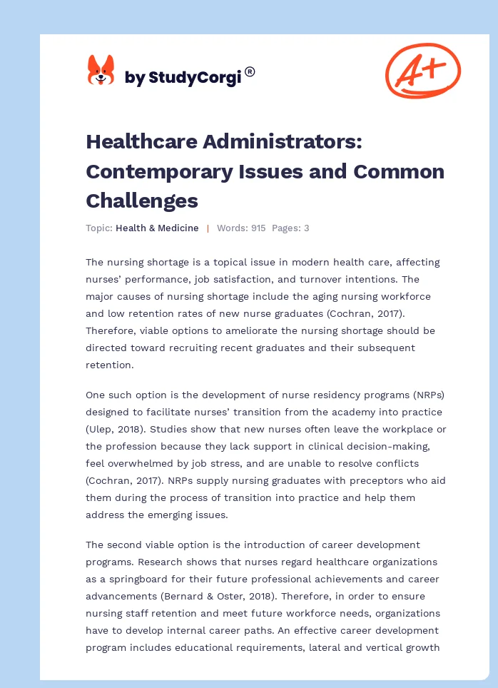 Healthcare Administrators: Contemporary Issues and Common Challenges. Page 1