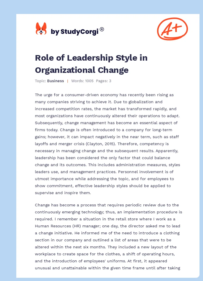 Role of Leadership Style in Organizational Change. Page 1