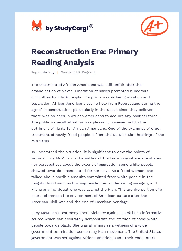 Reconstruction Era: Primary Reading Analysis. Page 1