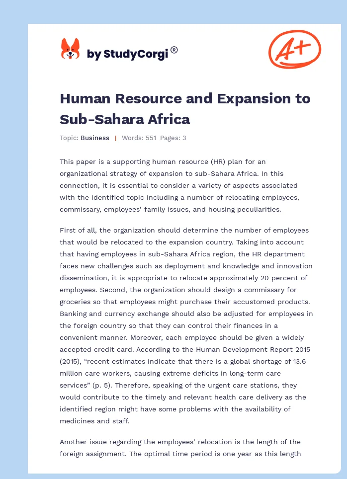 Human Resource and Expansion to Sub-Sahara Africa. Page 1