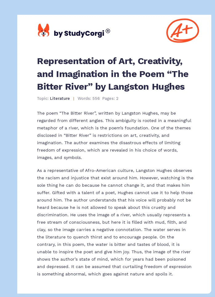 Representation of Art, Creativity, and Imagination in the Poem “The Bitter River” by Langston Hughes. Page 1