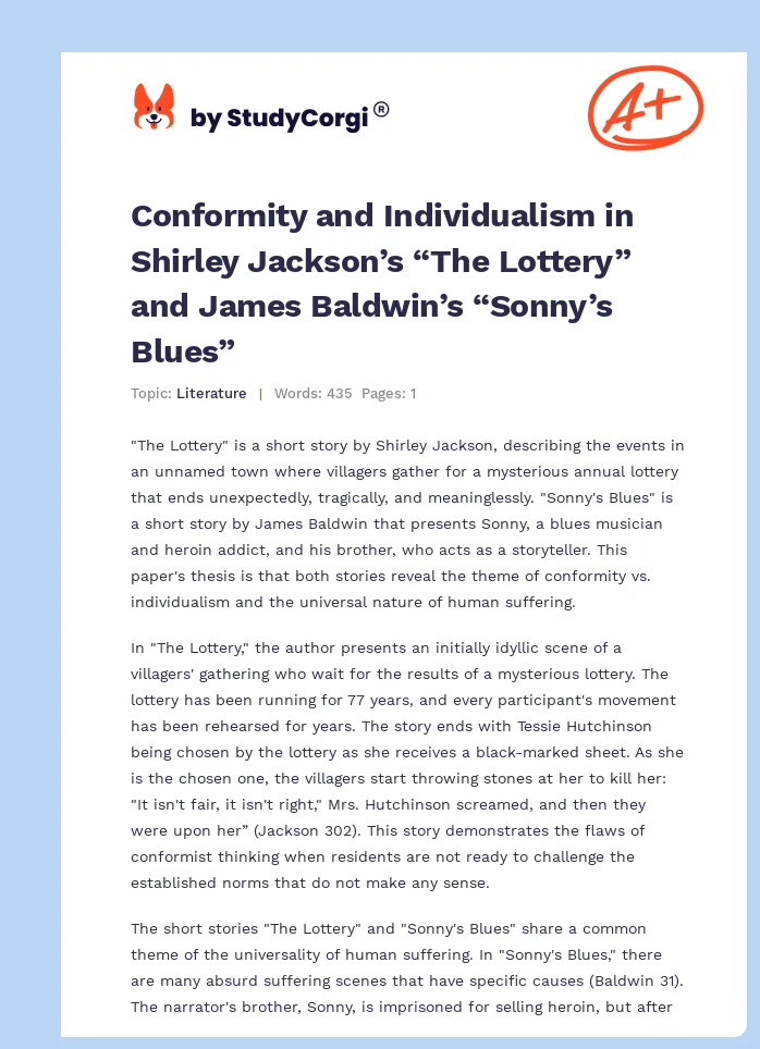 Conformity and Individualism in Shirley Jackson’s “The Lottery” and James Baldwin’s “Sonny’s Blues”. Page 1