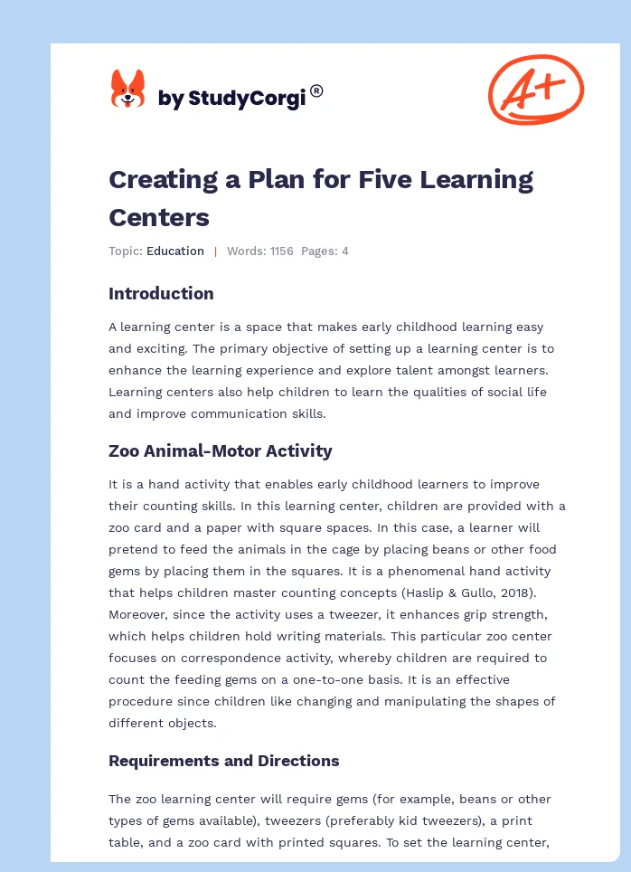 Creating a Plan for Five Learning Centers. Page 1