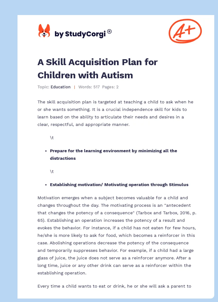 A Skill Acquisition Plan for Children with Autism. Page 1