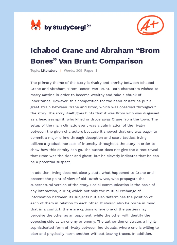 Ichabod Crane and Abraham “Brom Bones” Van Brunt: Comparison. Page 1