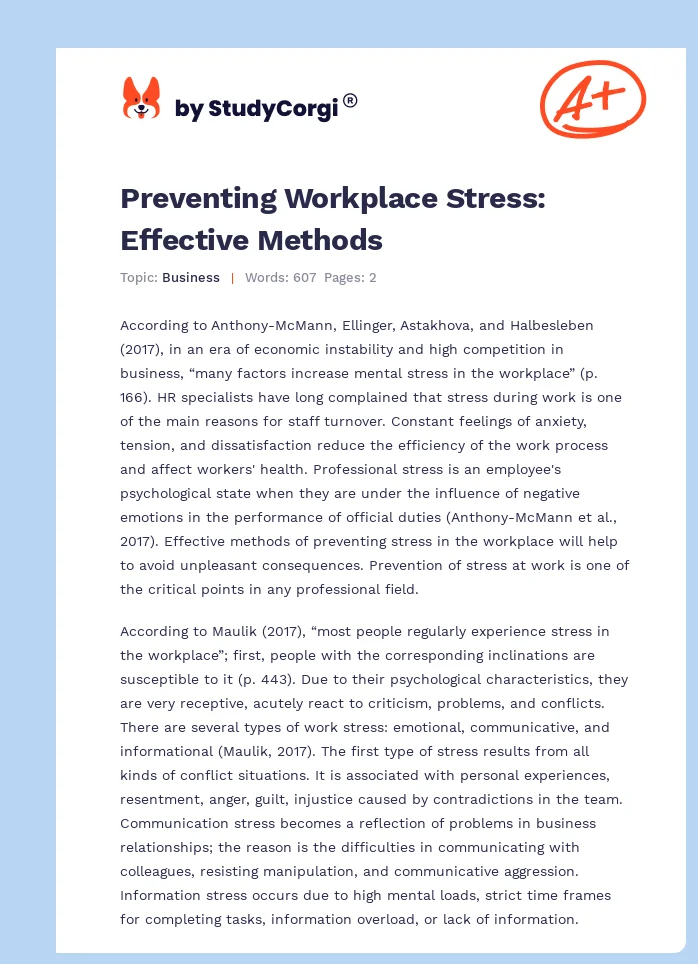 Preventing Workplace Stress: Effective Methods. Page 1