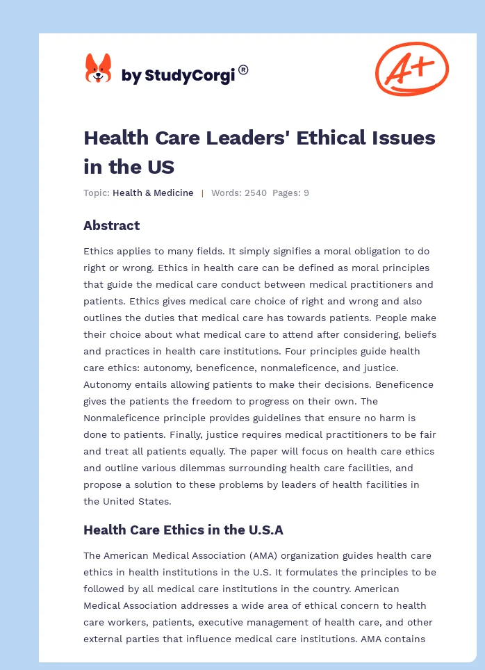 Health Care Leaders' Ethical Issues in the US. Page 1