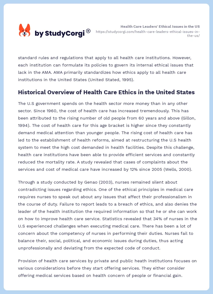 Health Care Leaders' Ethical Issues in the US. Page 2