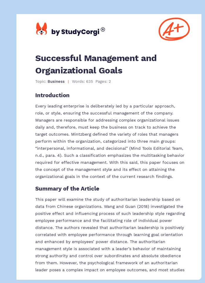 Successful Management and Organizational Goals. Page 1