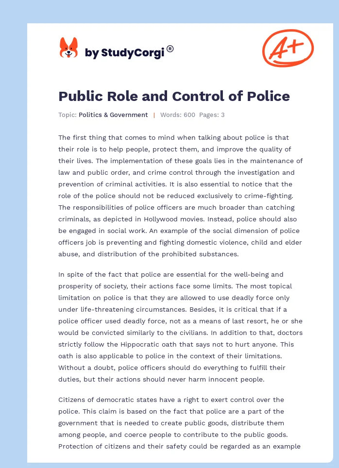 Public Role and Control of Police. Page 1