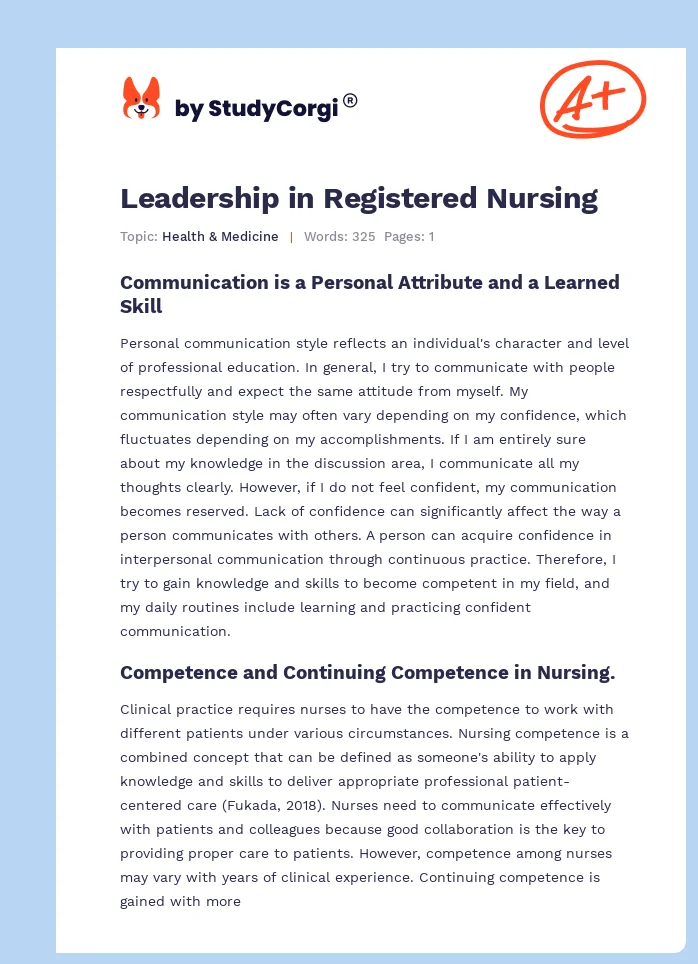 Leadership in Registered Nursing. Page 1