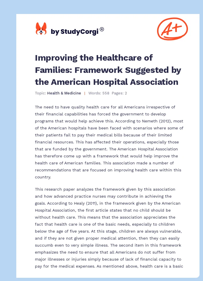 Improving the Healthcare of Families: Framework Suggested by the American Hospital Association. Page 1