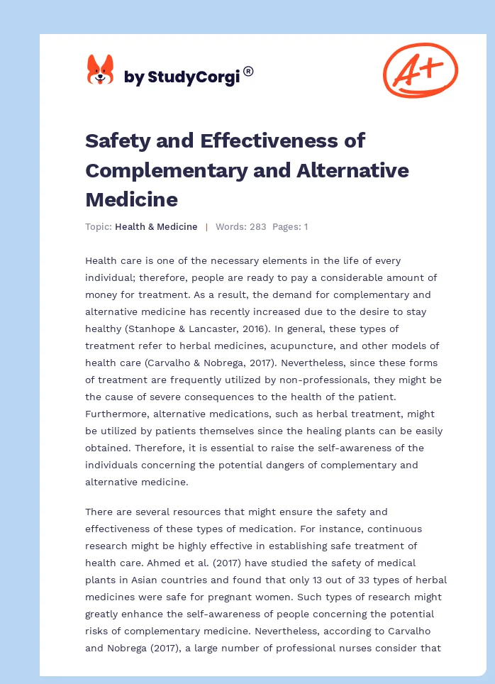 Safety and Effectiveness of Complementary and Alternative Medicine. Page 1