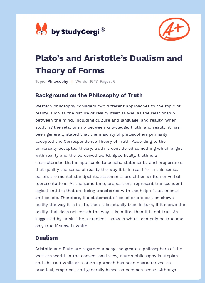 Plato’s and Aristotle’s Dualism and Theory of Forms. Page 1