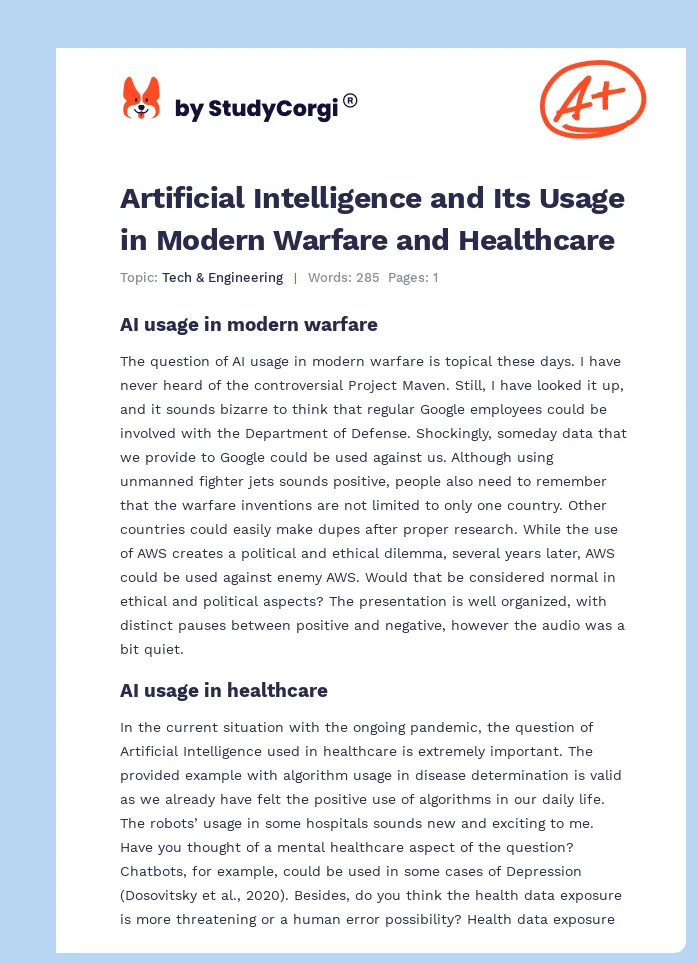 Artificial Intelligence and Its Usage in Modern Warfare and Healthcare. Page 1
