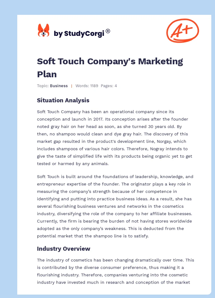 Soft Touch Company's Marketing Plan. Page 1