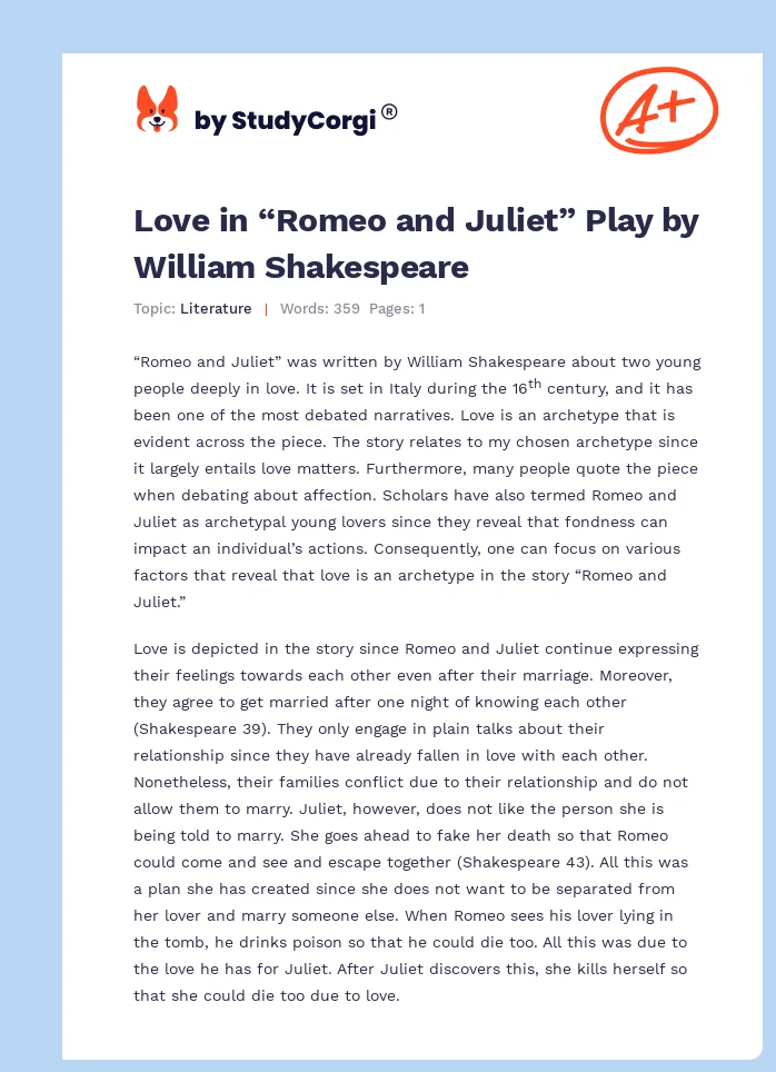 Love in “Romeo and Juliet” Play by William Shakespeare. Page 1