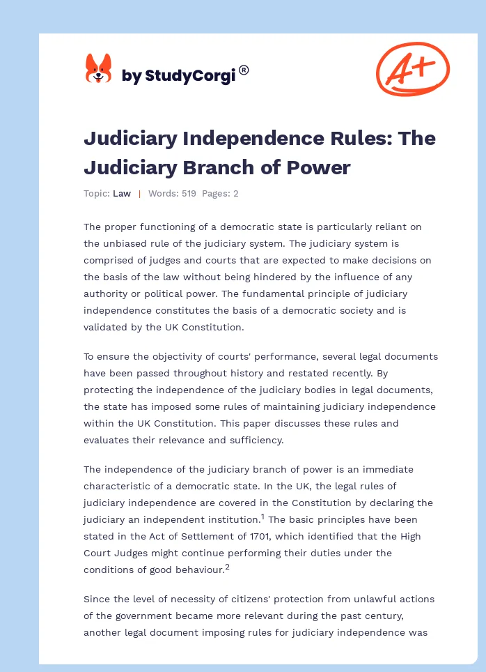 Judiciary Independence Rules: The Judiciary Branch of Power. Page 1