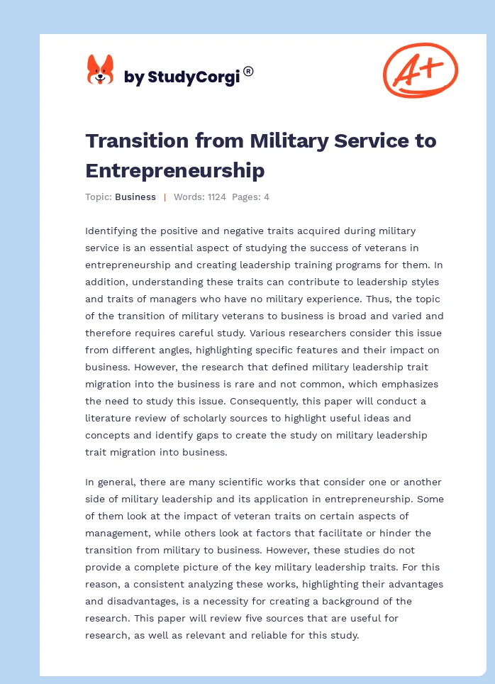 Transition from Military Service to Entrepreneurship. Page 1