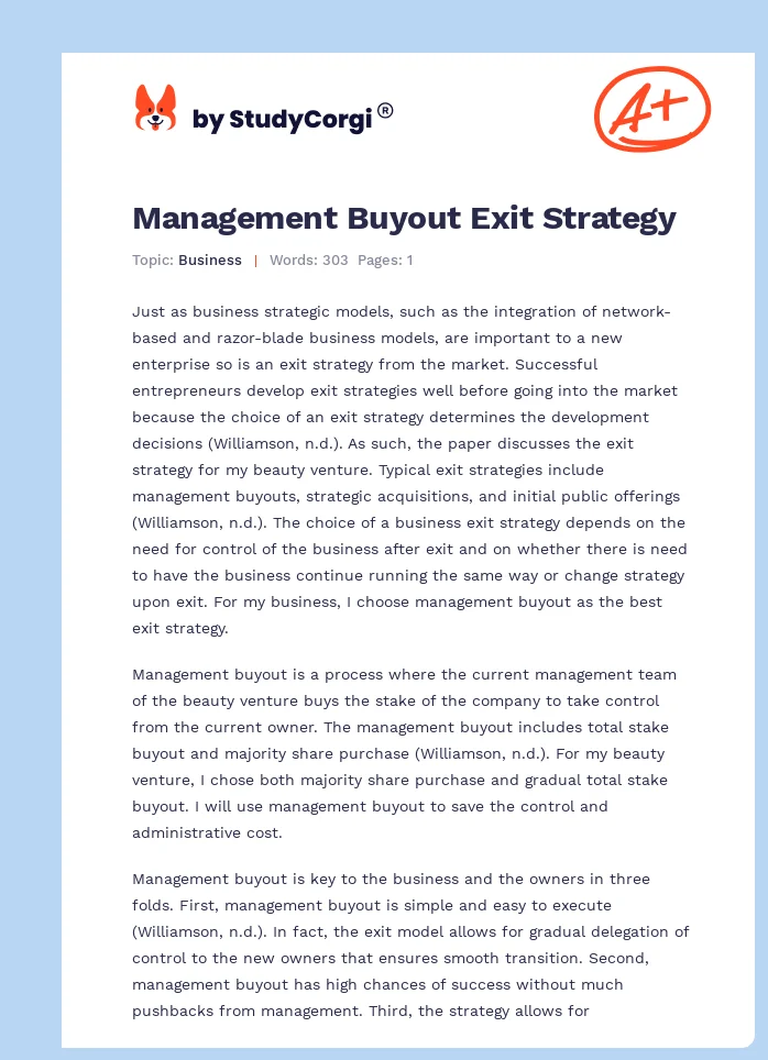 Management Buyout Exit Strategy. Page 1