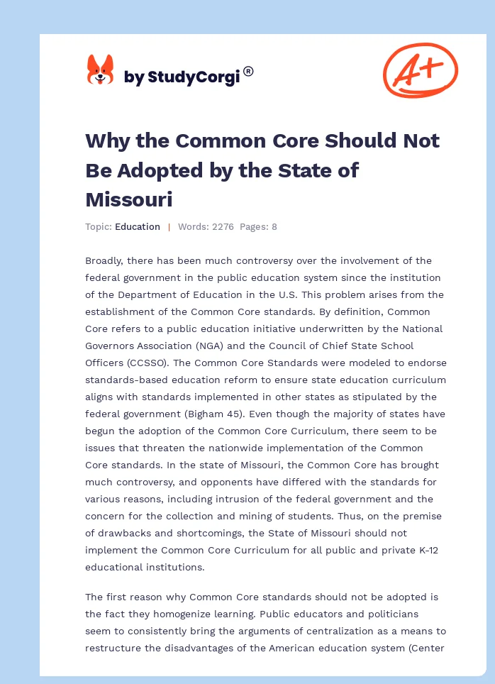 Why the Common Core Should Not Be Adopted by the State of Missouri. Page 1