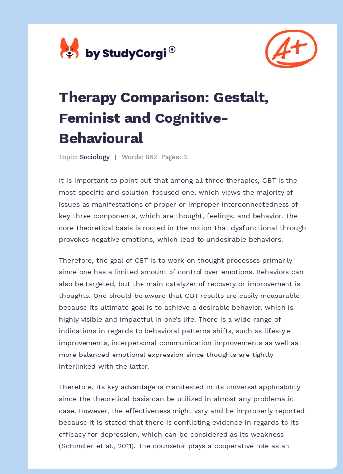 Therapy Comparison: Gestalt, Feminist and Cognitive-Behavioural. Page 1